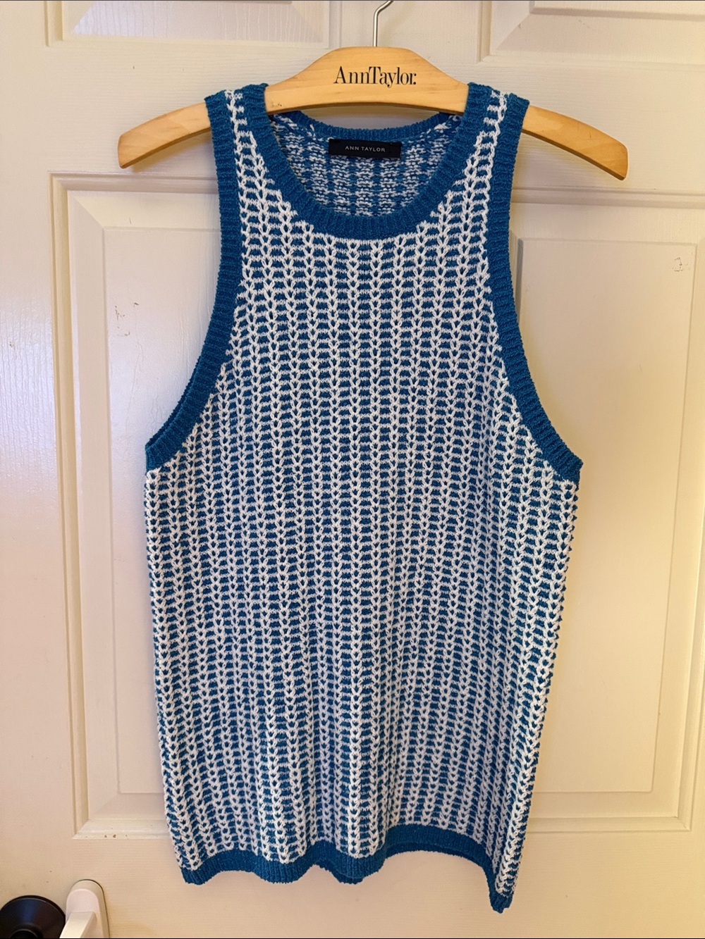 Ann Taylor Teal and White Open-Knit Sleeveless Sweater